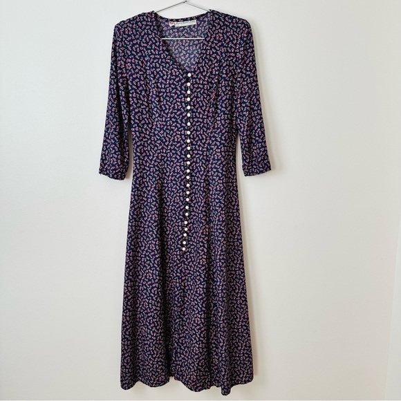 Vintage Paris Sport Club Dress Pearl Buttons Front Padded Shoulders Floral Boho - Picture 11 of 12
